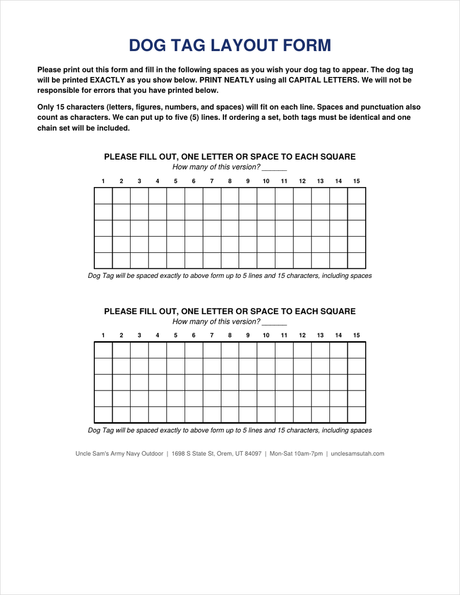 Uncle Sam's dog tag layout form, five lines of squares, one letter per square